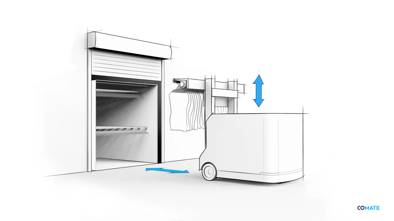 Concept sketch of a custom Zeal Robotics AMR collecting a load at a warehouse dock door